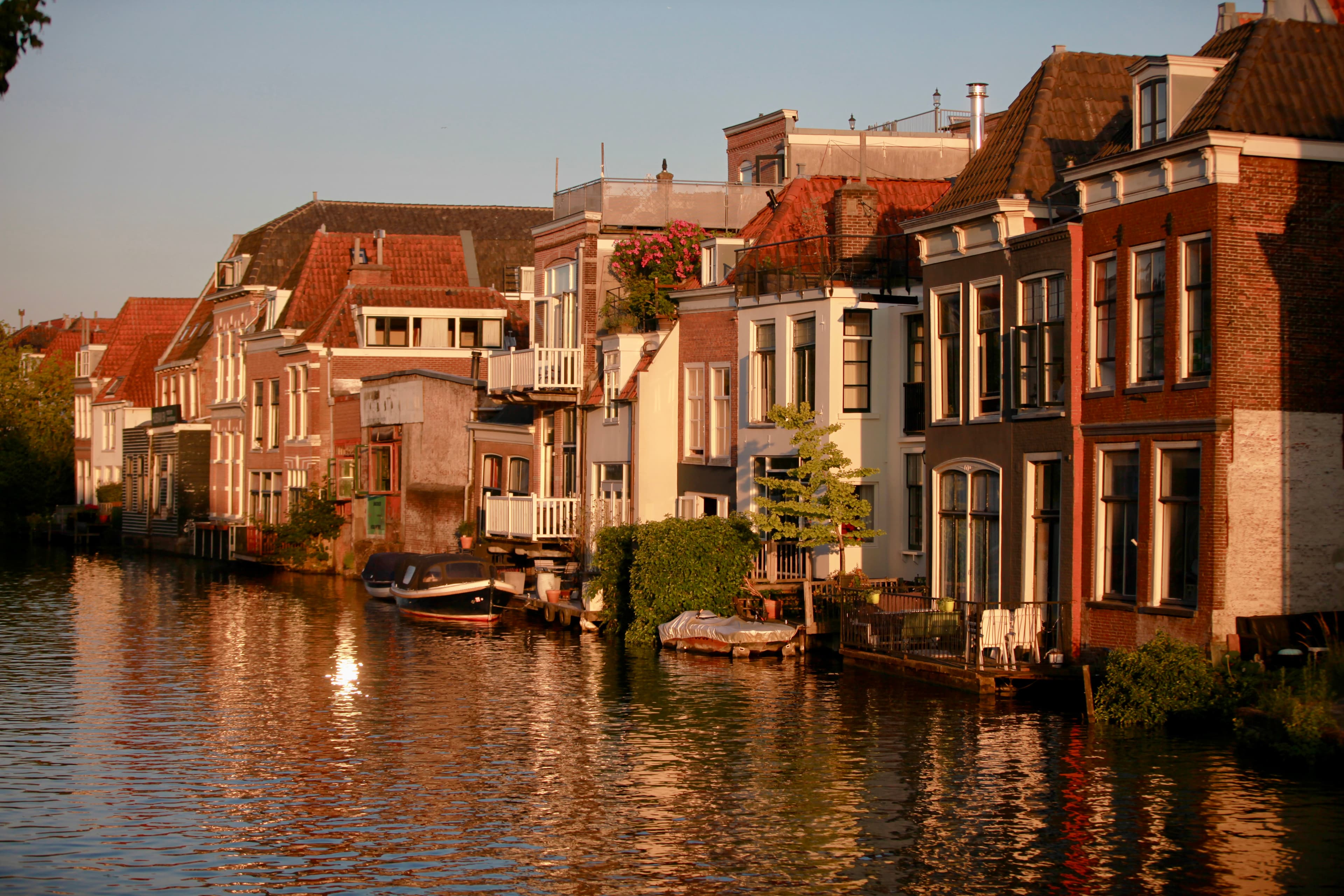 Historic Leiden canal glowing in warm evening light