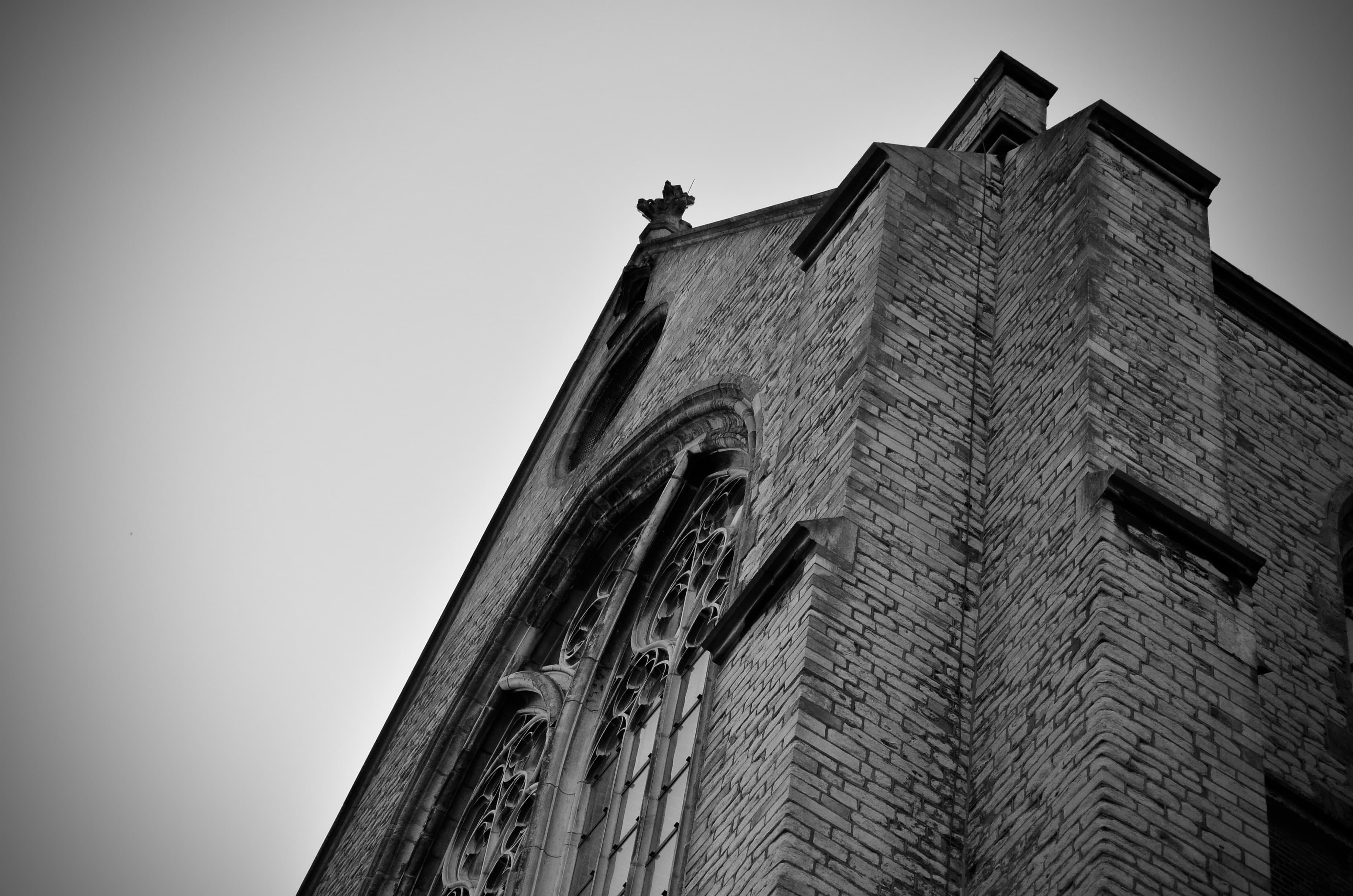 Historic Gothic church seen from a dramatic low angle
