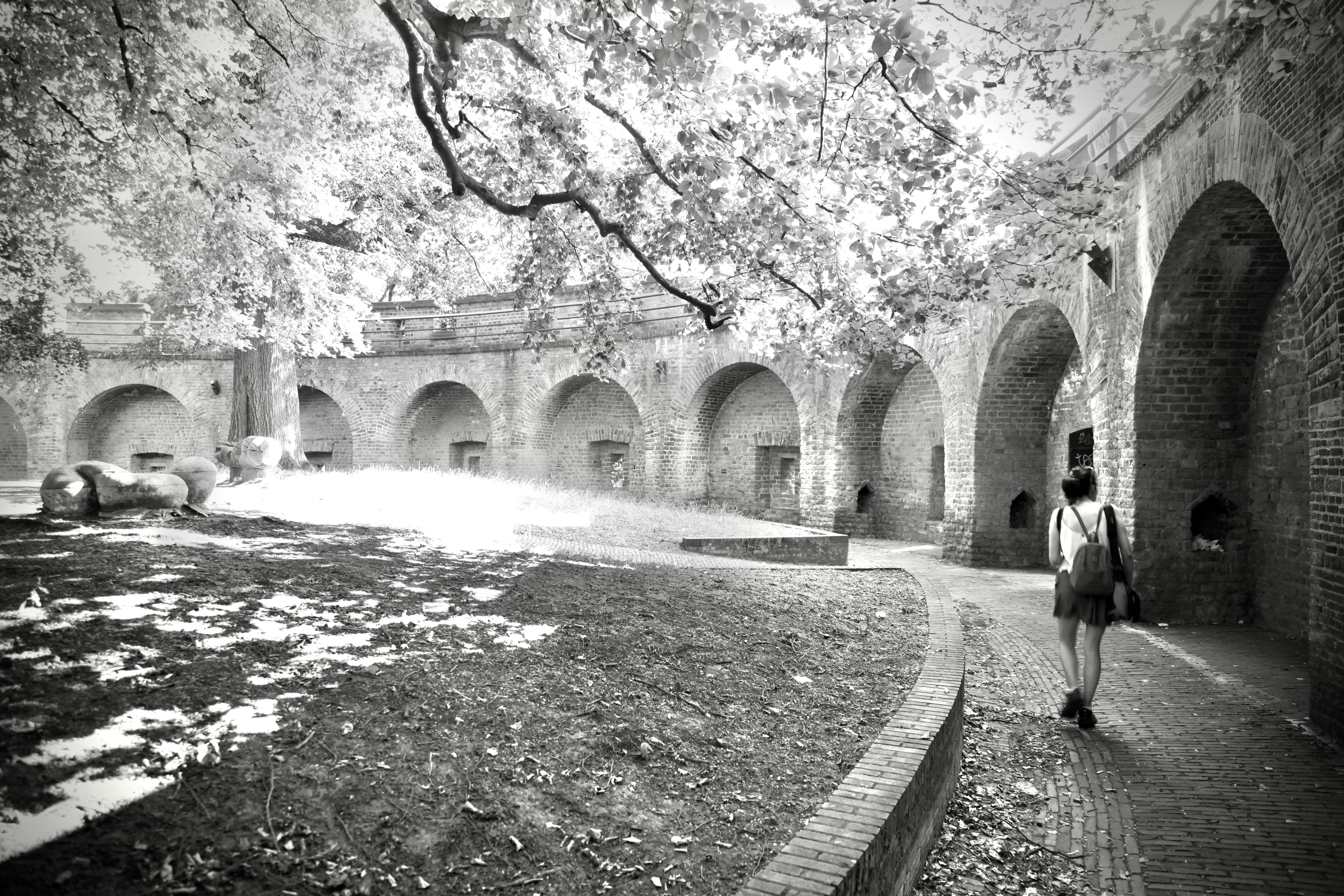 Monochrome view of the arched courtyard inside De Burcht