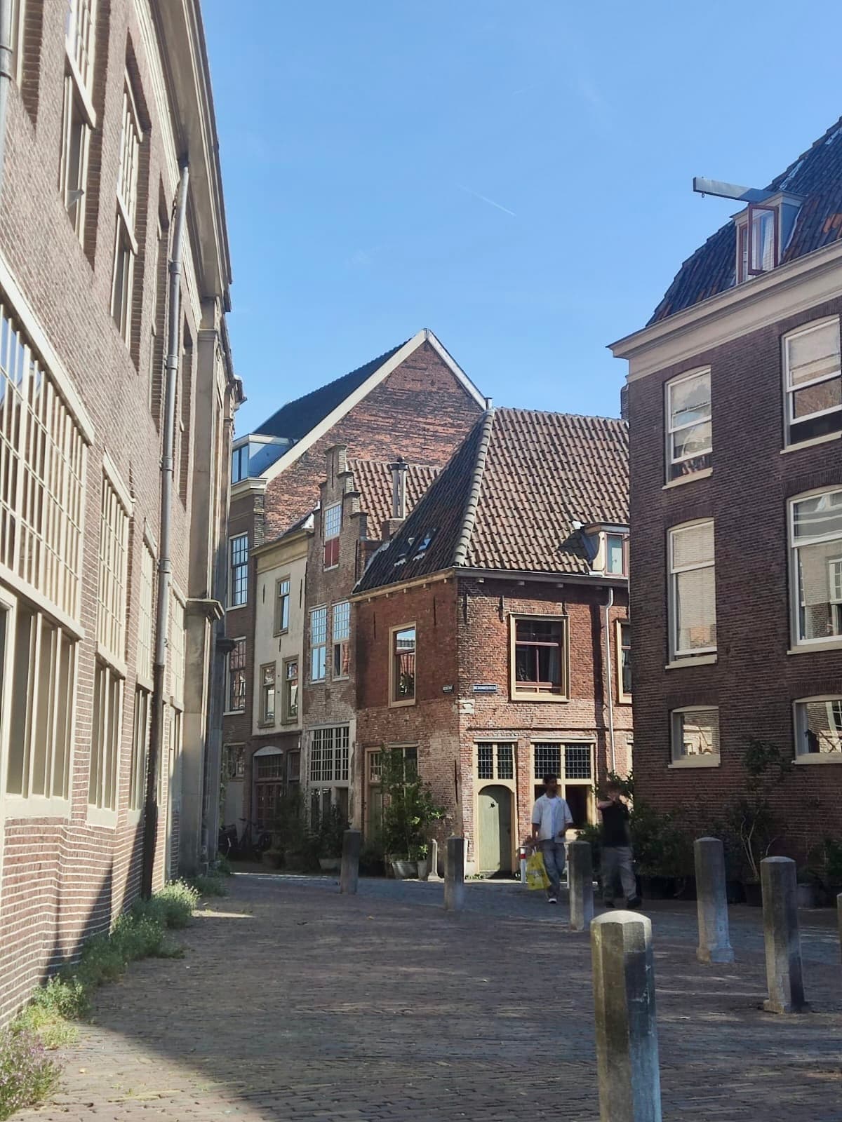 Sunlit historic lane with layered brick houses in Pieterskwartier