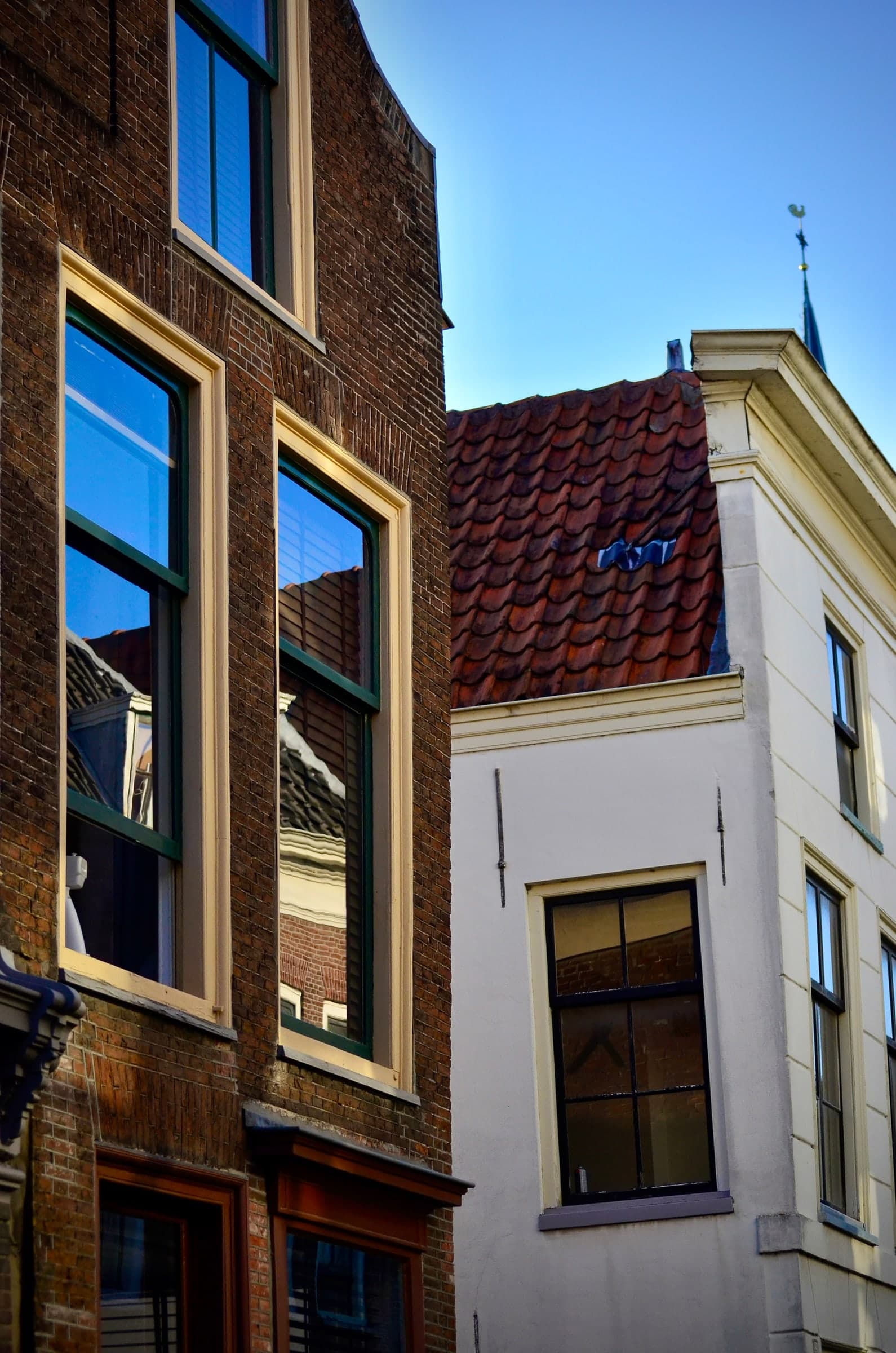 Blue street sign and gabled roof in Leiden