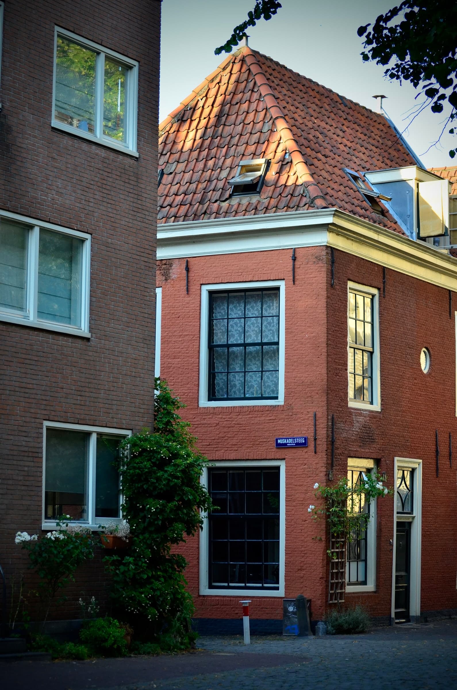 Historic corner house with green trim in Leiden