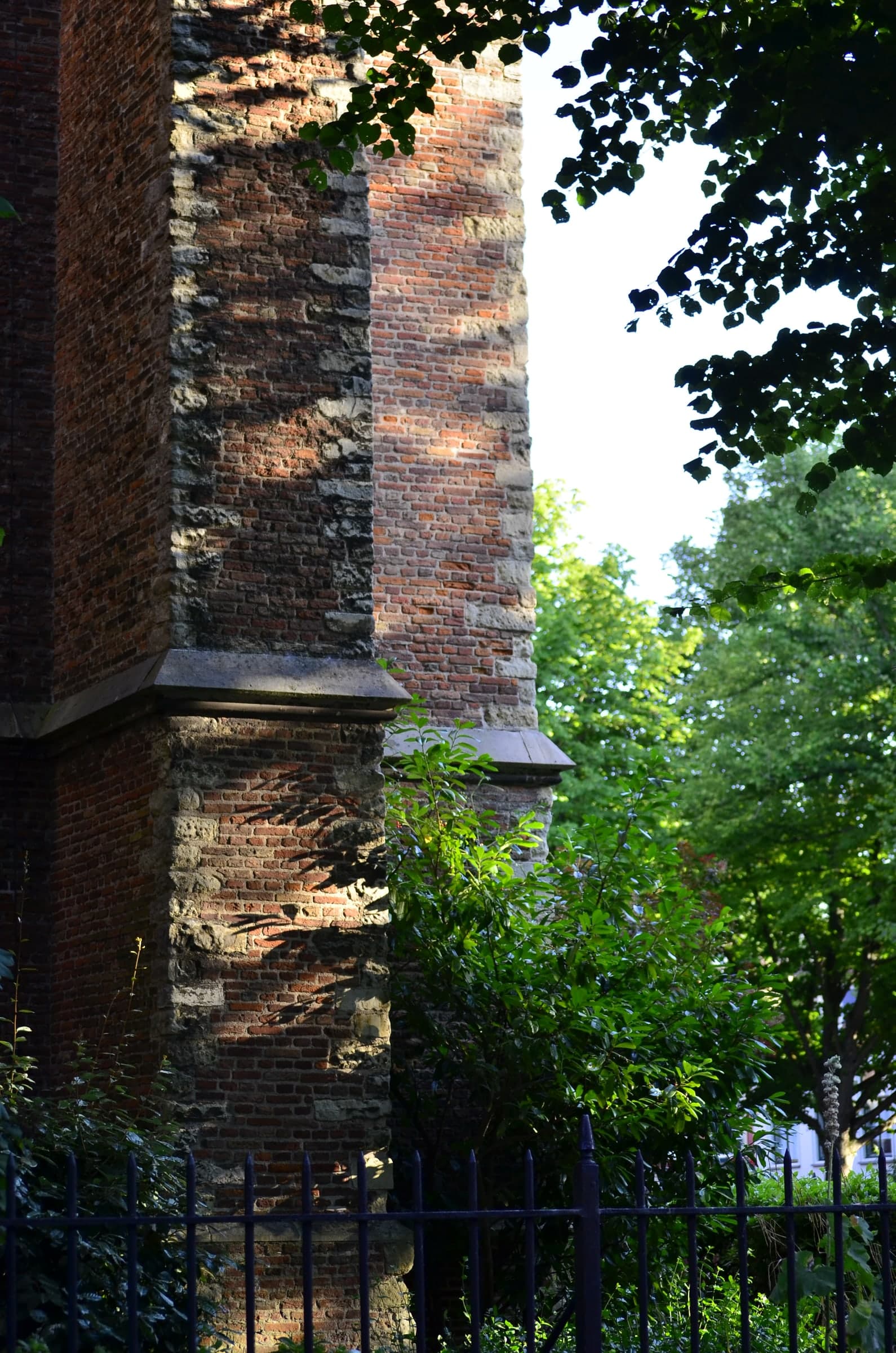 Weathered brick church buttress in Leiden