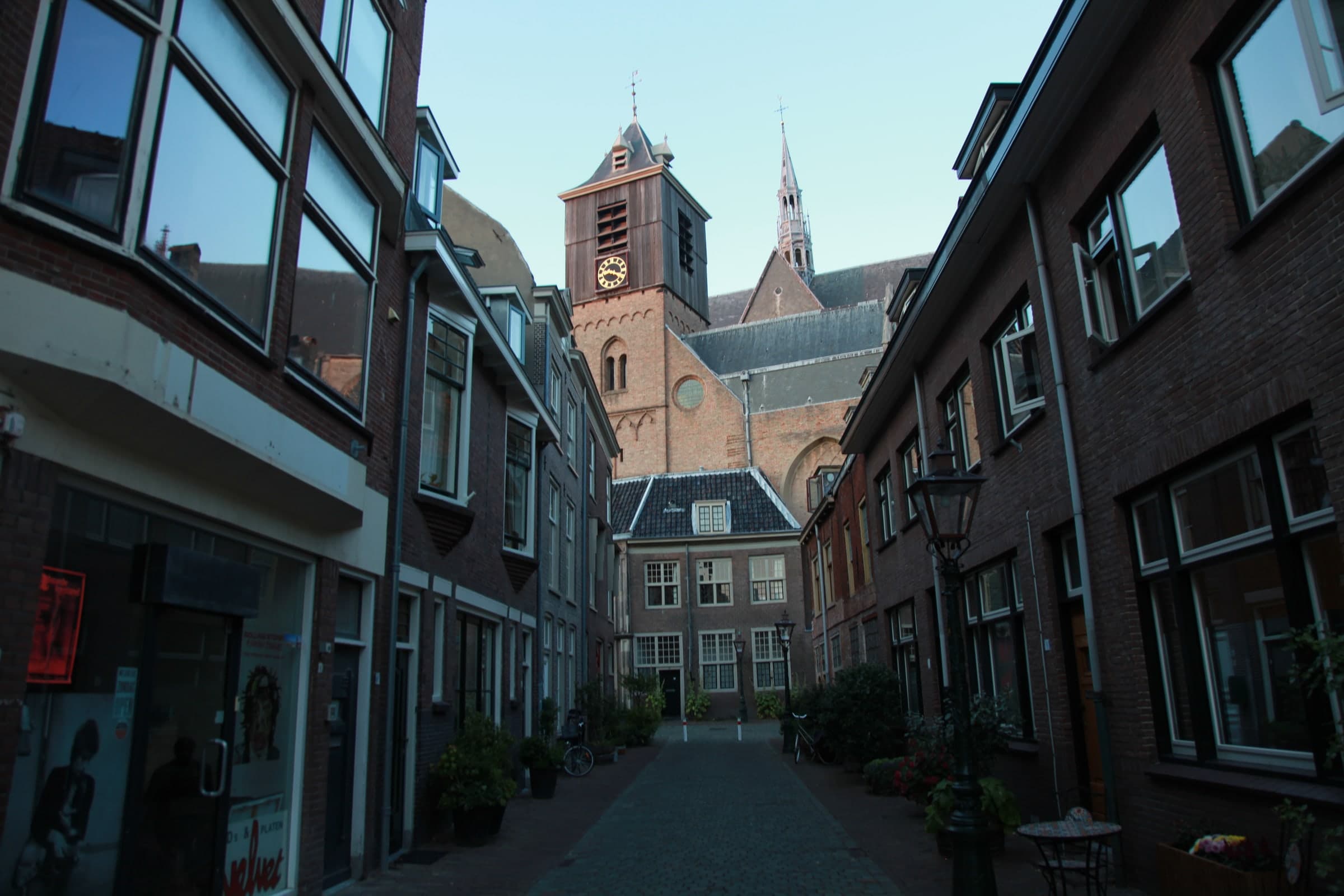 Church tower at the end of a street in Leiden