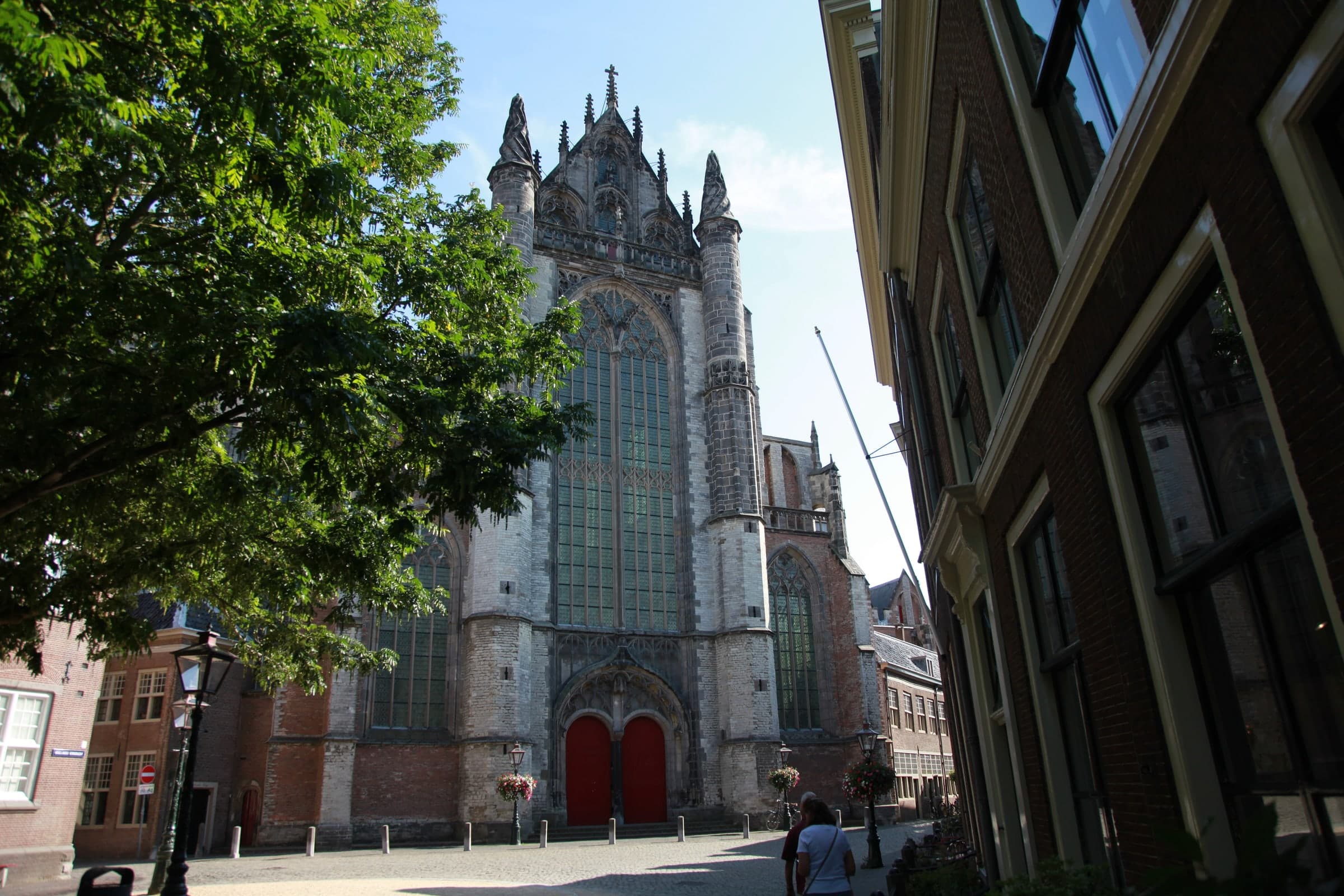 Church and tree-lined lane in Leiden