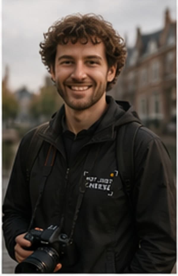 Leo, a Not Just Cheese photography-led guide, holding a camera in Leiden