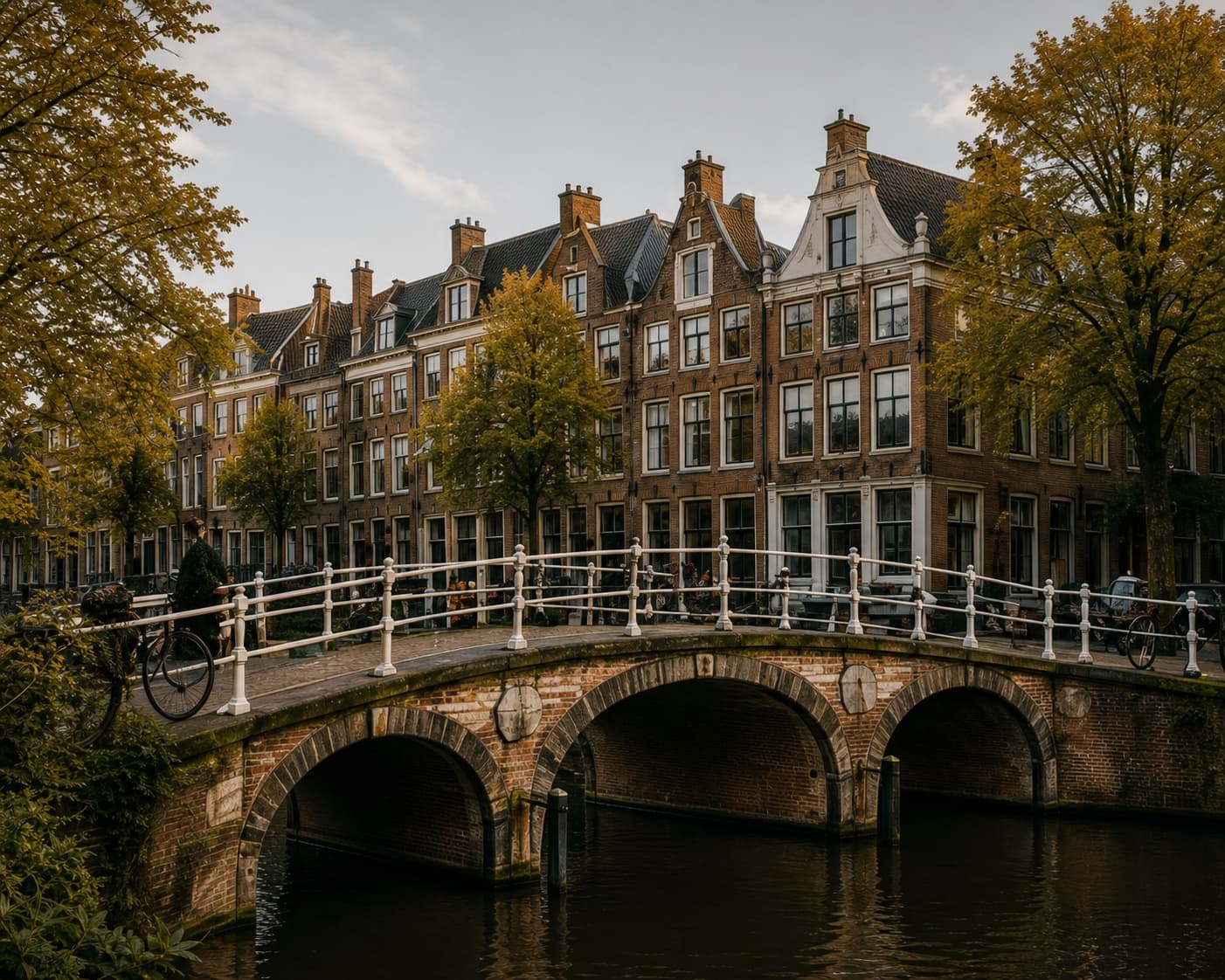Historic arched bridge and canal houses in Leiden