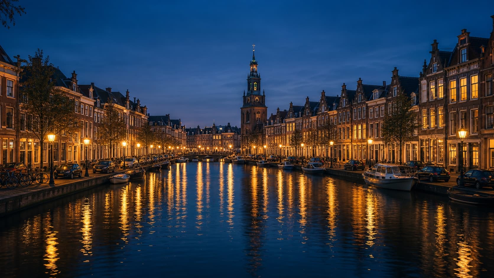 Historic Leiden canal houses glowing at blue hour