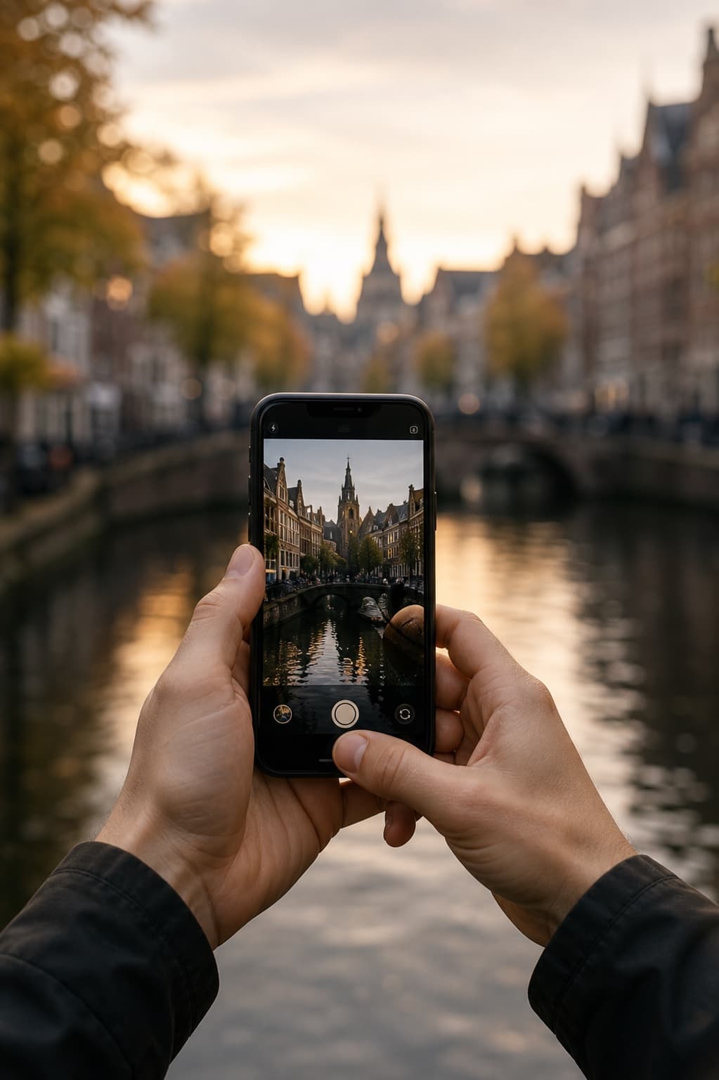 Traveller composing a Leiden canal photograph on a phone