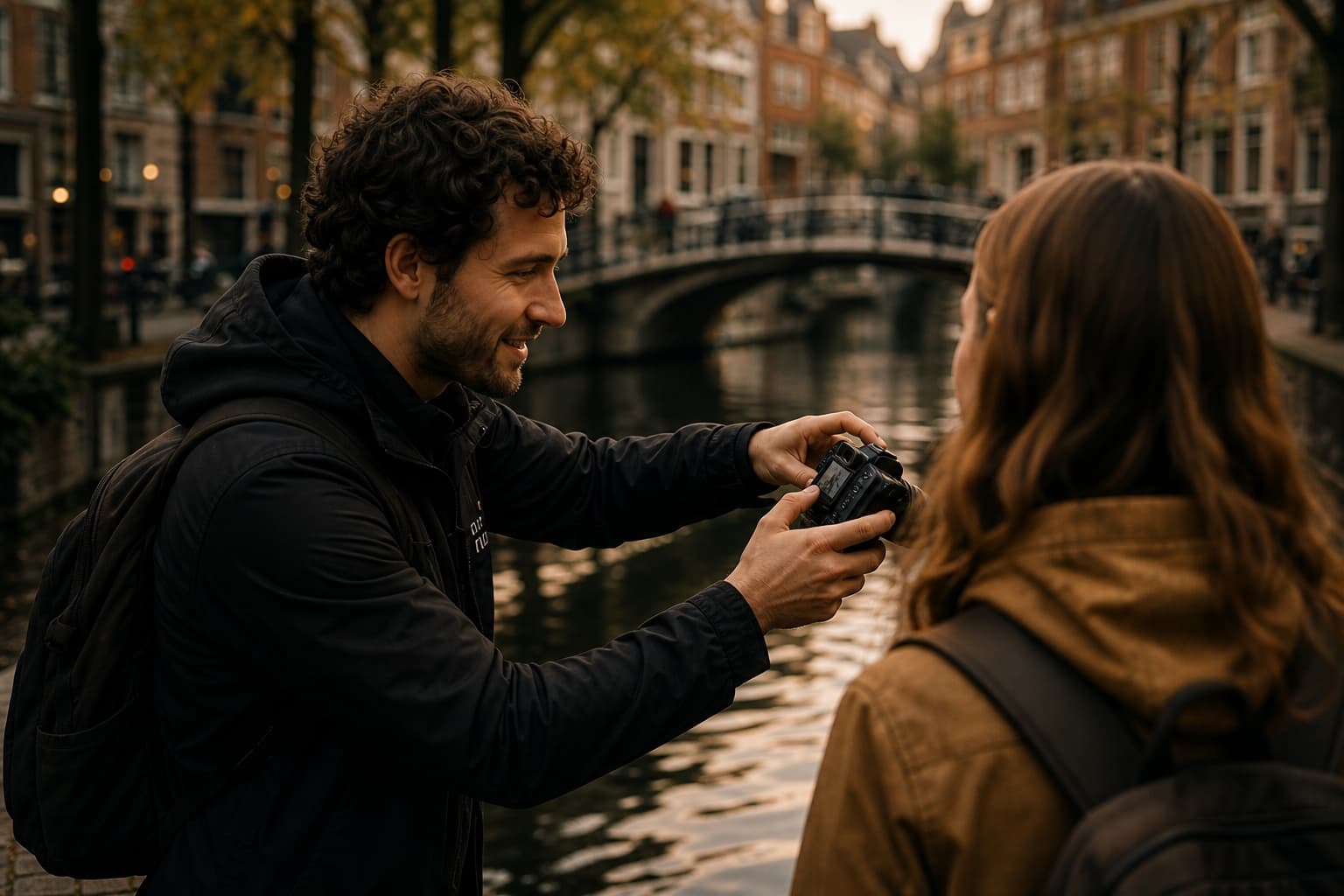 A photography guide demonstrating a camera angle beside a Leiden canal