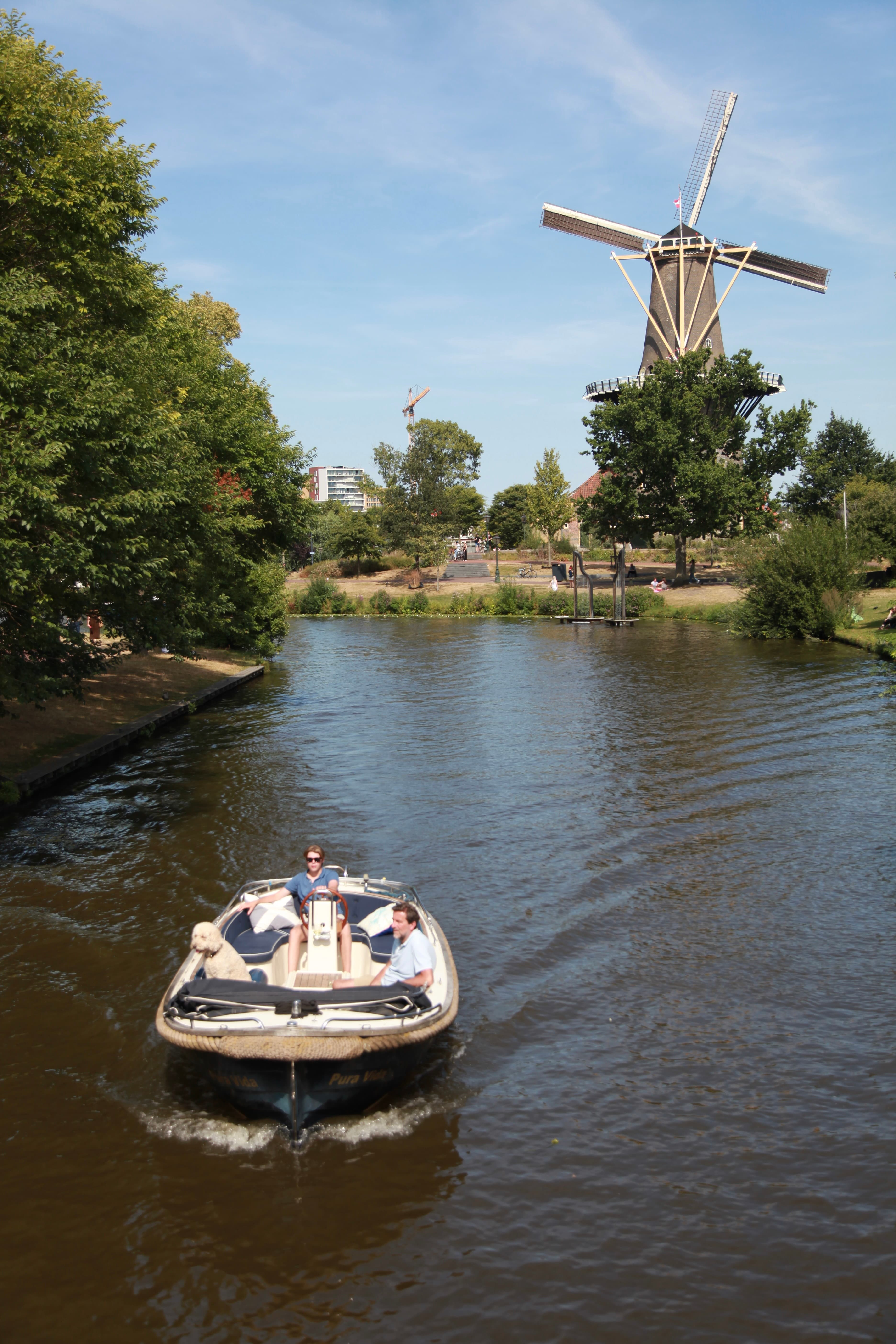 A small boat passing a windmill on a sunny Leiden canal